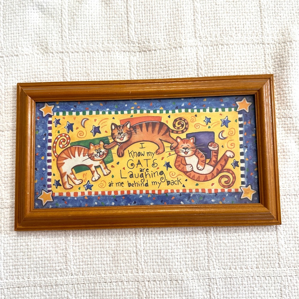 VTG 1999 Figi Graphics Cat Print Framed Art USA Debra Jordan Bryan 11.5x6.5
